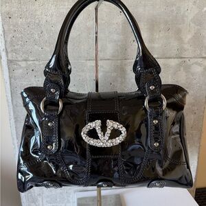 Valentino Black Patent Leather Handbag with Rhinestone Accent